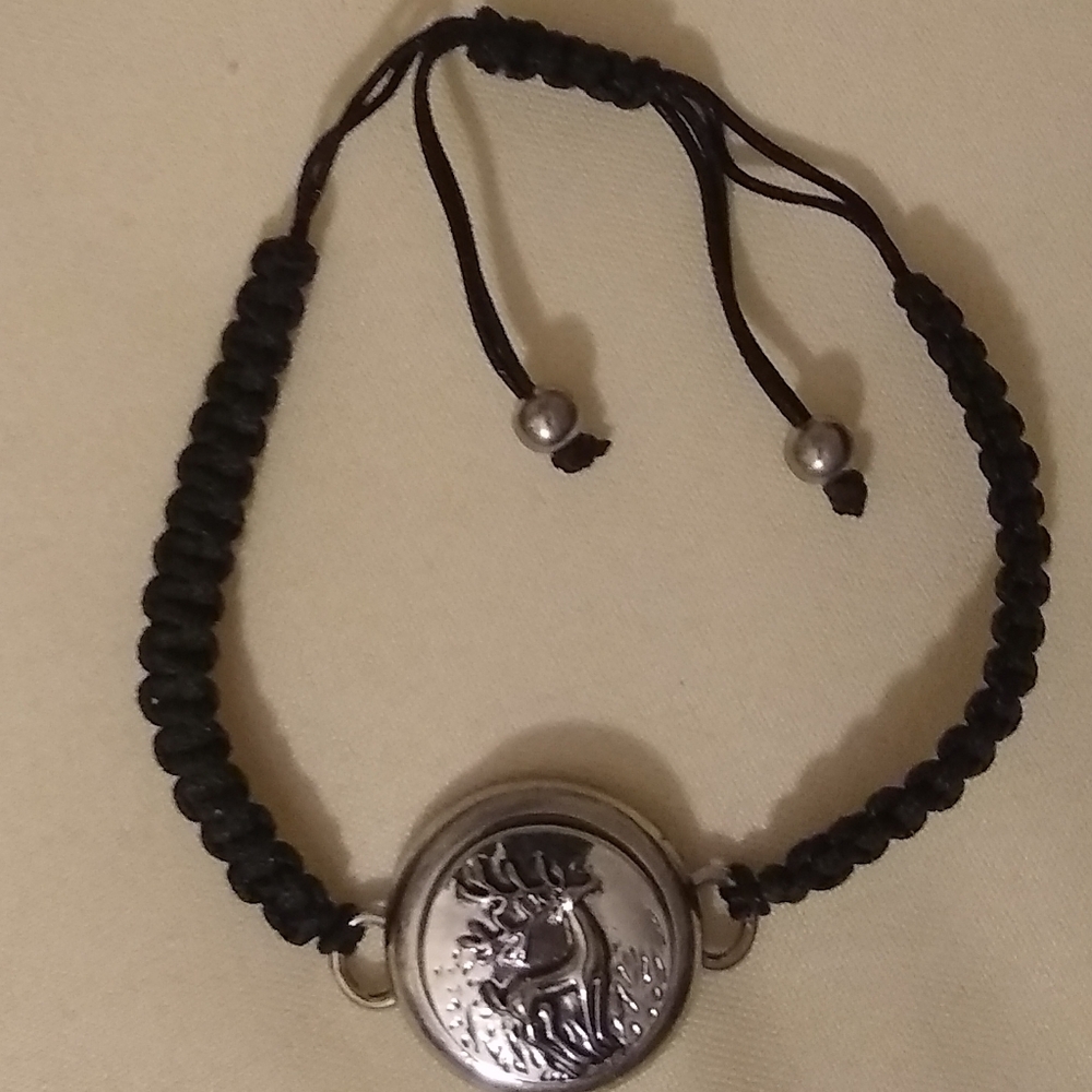 Ginger Snap Bracelet black cord round silver tone Deer Christmas snap